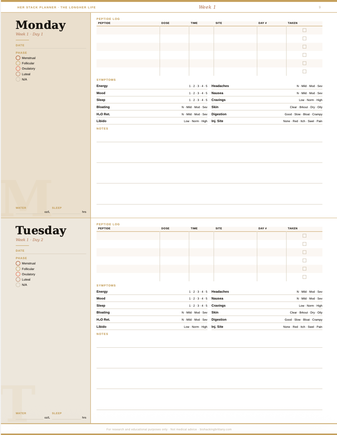 Her Stack Planner: 90-Day Peptide Tracking Journal for Women