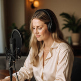 Brittany Ford at the microphone recording The LongHer Life